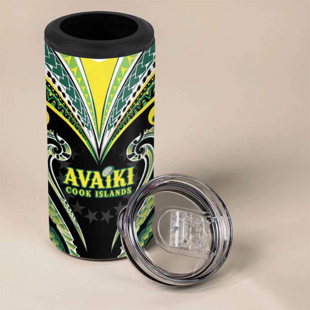 Custom Rugby Cook Islands Avaiki 4 in 1 Can Cooler Tumbler Black Kuki Airani Tribal Maori Inspired - Polynesian Pride