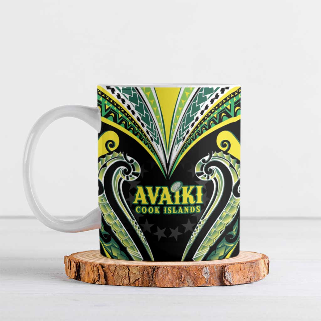 Custom Rugby Cook Islands Avaiki Ceramic Mug Black Kuki Airani Tribal Maori Inspired - Polynesian Pride