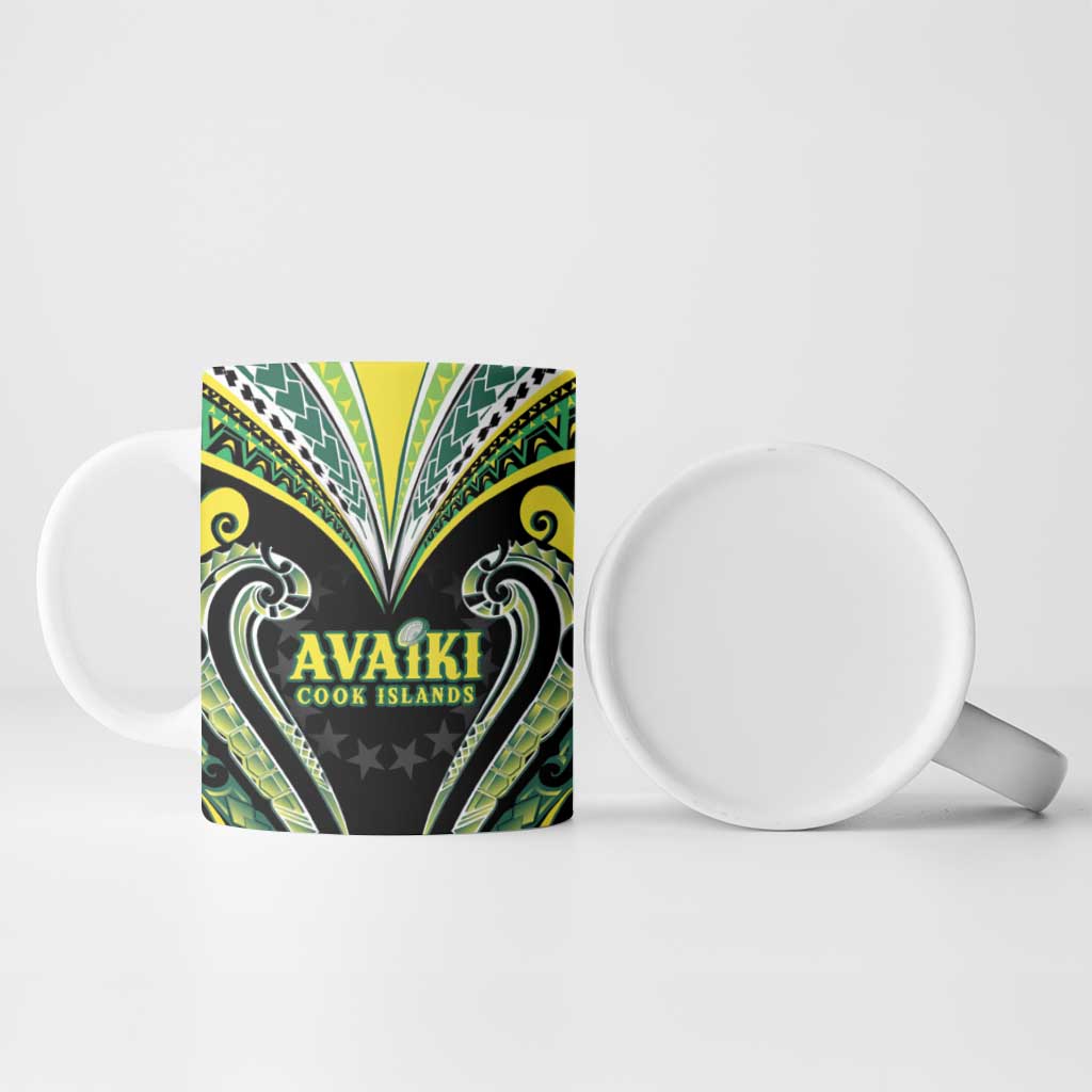 Custom Rugby Cook Islands Avaiki Ceramic Mug Black Kuki Airani Tribal Maori Inspired - Polynesian Pride
