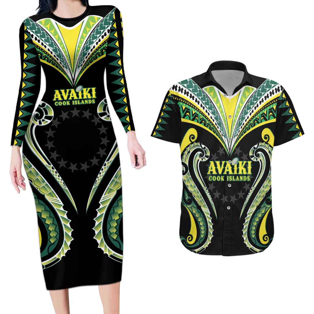 Custom Rugby Cook Islands Avaiki Couples Matching Long Sleeve Bodycon Dress and Hawaiian Shirt Black Kuki Airani Tribal Maori Inspired - Polynesian Pride