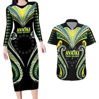 Custom Rugby Cook Islands Avaiki Couples Matching Long Sleeve Bodycon Dress and Hawaiian Shirt Black Kuki Airani Tribal Maori Inspired - Polynesian Pride