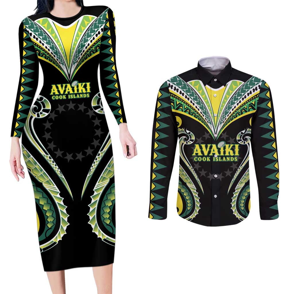 Custom Rugby Cook Islands Avaiki Couples Matching Long Sleeve Bodycon Dress and Long Sleeve Button Shirt Black Kuki Airani Tribal Maori Inspired - Polynesian Pride