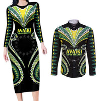 Custom Rugby Cook Islands Avaiki Couples Matching Long Sleeve Bodycon Dress and Long Sleeve Button Shirt Black Kuki Airani Tribal Maori Inspired - Polynesian Pride