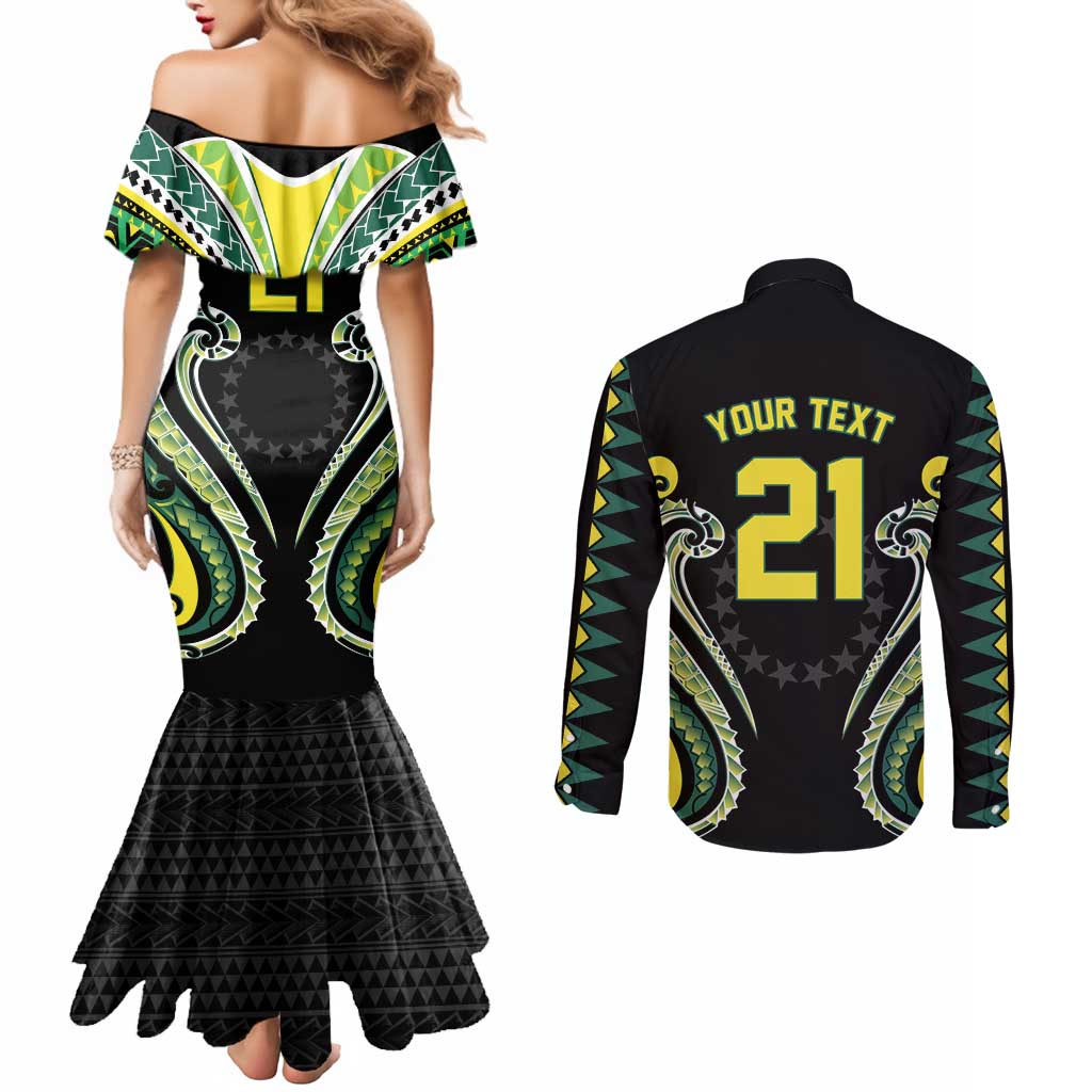 Custom Rugby Cook Islands Avaiki Couples Matching Mermaid Dress and Long Sleeve Button Shirt Black Kuki Airani Tribal Maori Inspired - Polynesian Pride