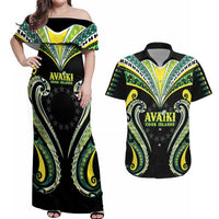 Custom Rugby Cook Islands Avaiki Couples Matching Off Shoulder Maxi Dress and Hawaiian Shirt Black Kuki Airani Tribal Maori Inspired - Polynesian Pride