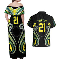 Custom Rugby Cook Islands Avaiki Couples Matching Off Shoulder Maxi Dress and Hawaiian Shirt Black Kuki Airani Tribal Maori Inspired - Polynesian Pride