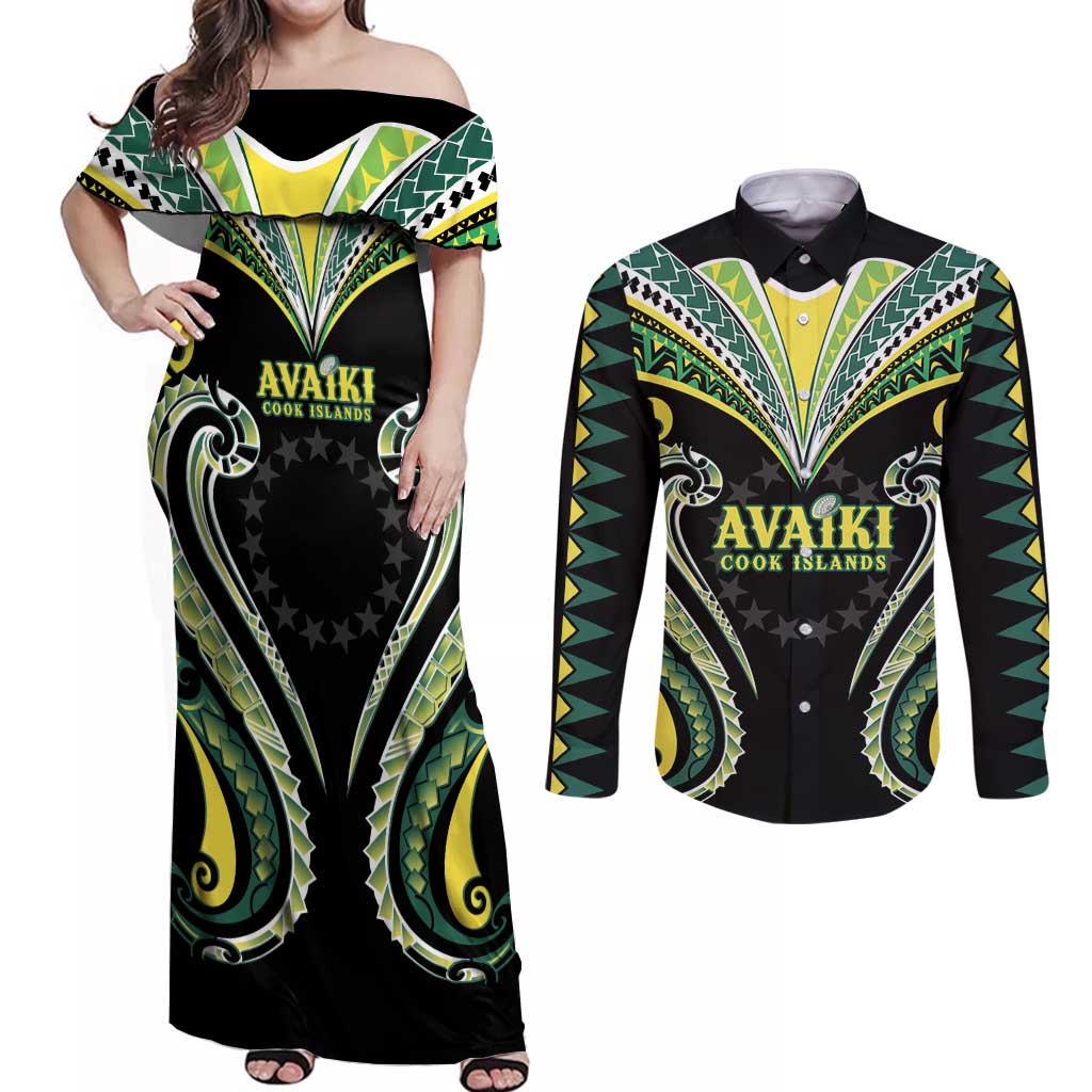 Custom Rugby Cook Islands Avaiki Couples Matching Off Shoulder Maxi Dress and Long Sleeve Button Shirt Black Kuki Airani Tribal Maori Inspired - Polynesian Pride