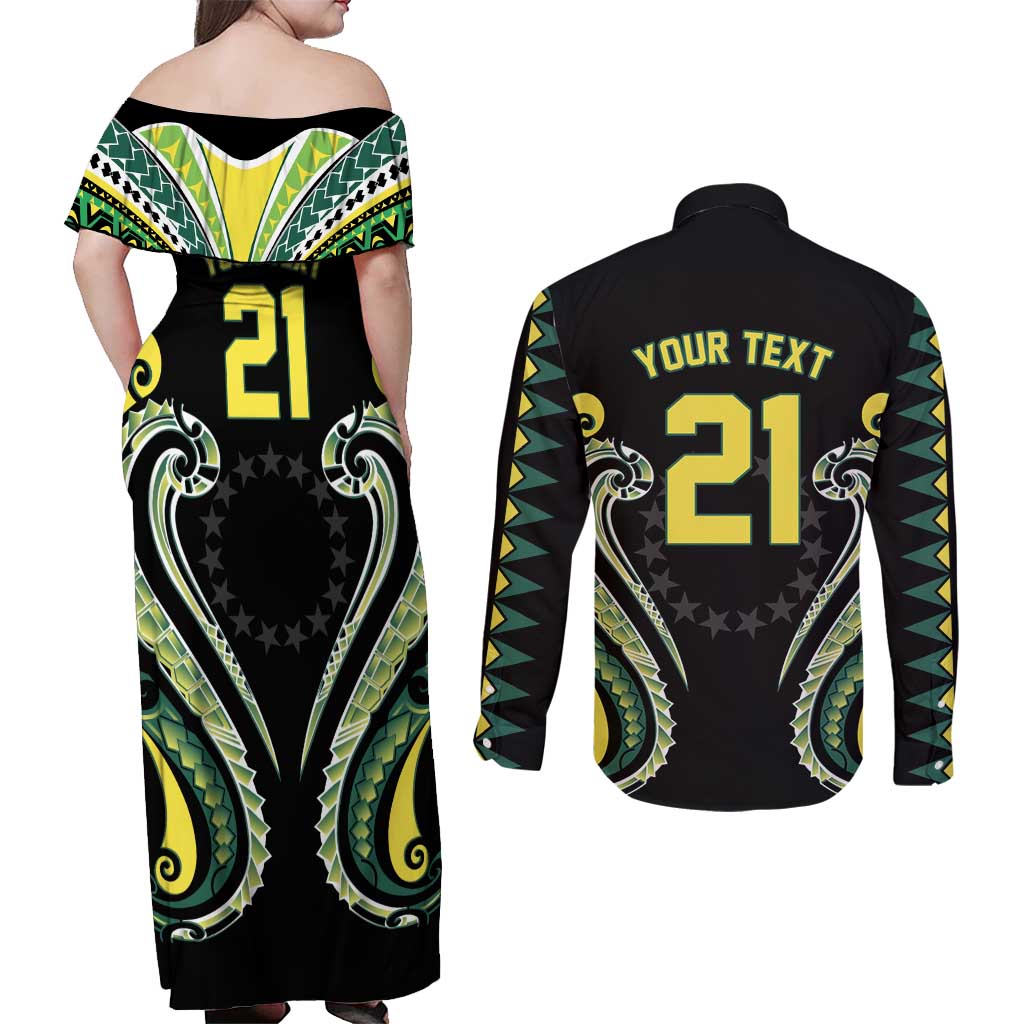 Custom Rugby Cook Islands Avaiki Couples Matching Off Shoulder Maxi Dress and Long Sleeve Button Shirt Black Kuki Airani Tribal Maori Inspired - Polynesian Pride