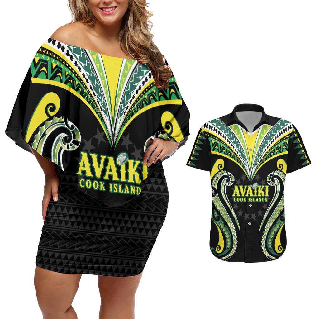 Custom Rugby Cook Islands Avaiki Couples Matching Off Shoulder Short Dress and Hawaiian Shirt Black Kuki Airani Tribal Maori Inspired - Polynesian Pride