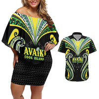 Custom Rugby Cook Islands Avaiki Couples Matching Off Shoulder Short Dress and Hawaiian Shirt Black Kuki Airani Tribal Maori Inspired - Polynesian Pride
