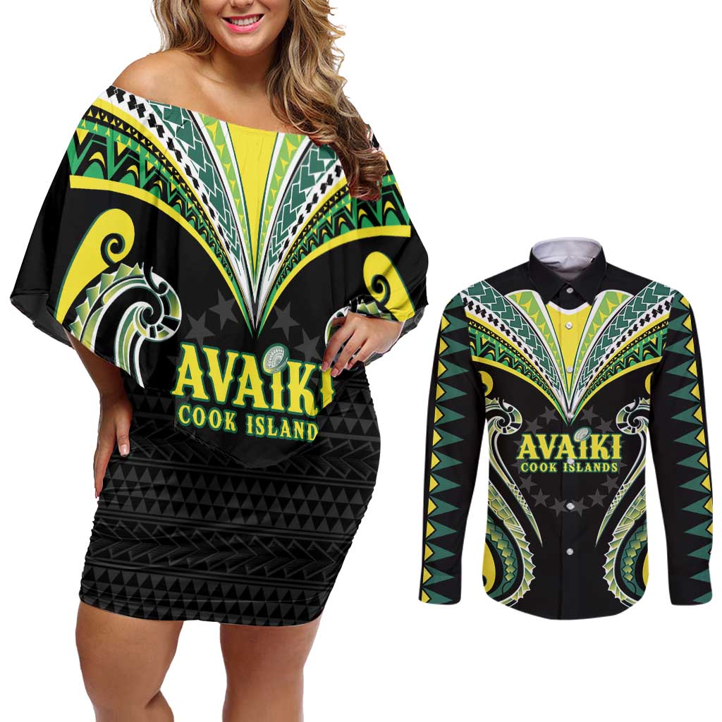 Custom Rugby Cook Islands Avaiki Couples Matching Off Shoulder Short Dress and Long Sleeve Button Shirt Black Kuki Airani Tribal Maori Inspired - Polynesian Pride