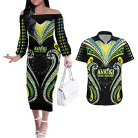 Custom Rugby Cook Islands Avaiki Couples Matching Off The Shoulder Long Sleeve Dress and Hawaiian Shirt Black Kuki Airani Tribal Maori Inspired - Polynesian Pride