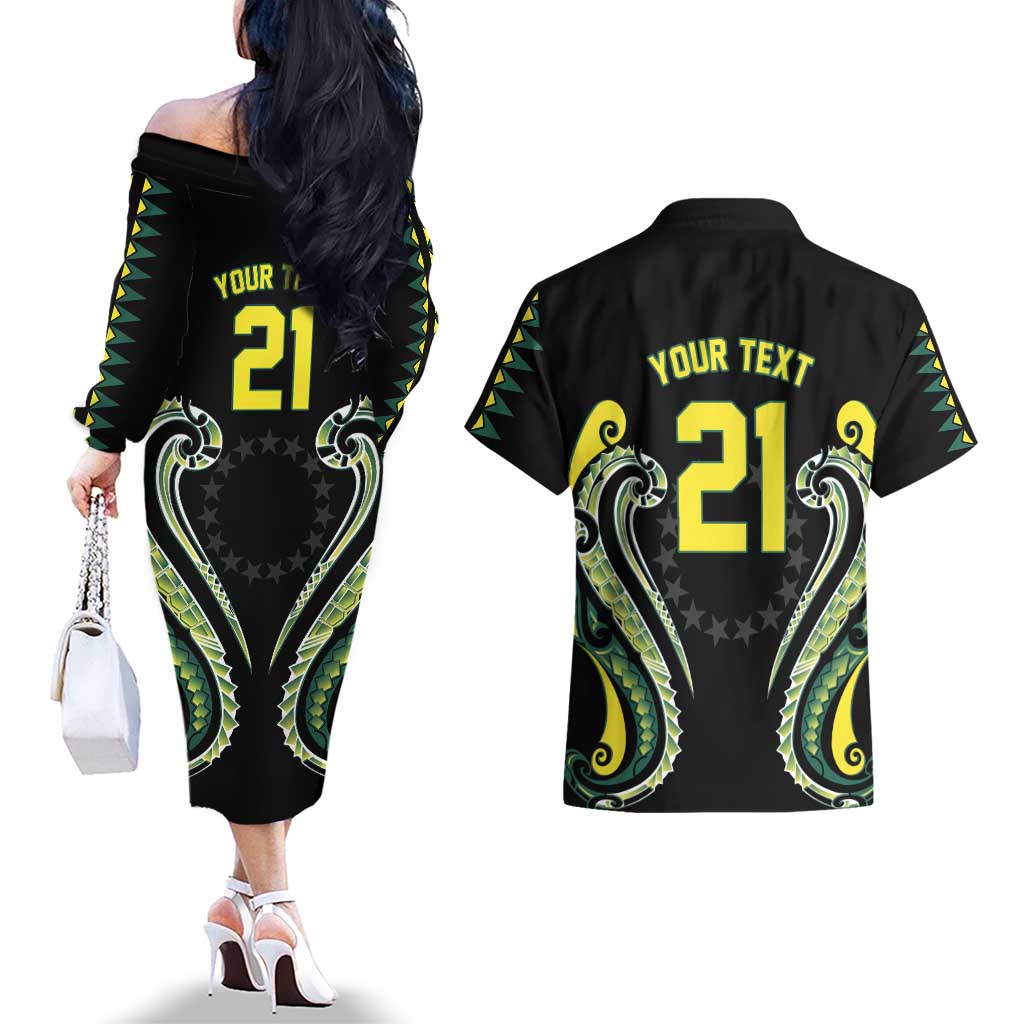 Custom Rugby Cook Islands Avaiki Couples Matching Off The Shoulder Long Sleeve Dress and Hawaiian Shirt Black Kuki Airani Tribal Maori Inspired - Polynesian Pride