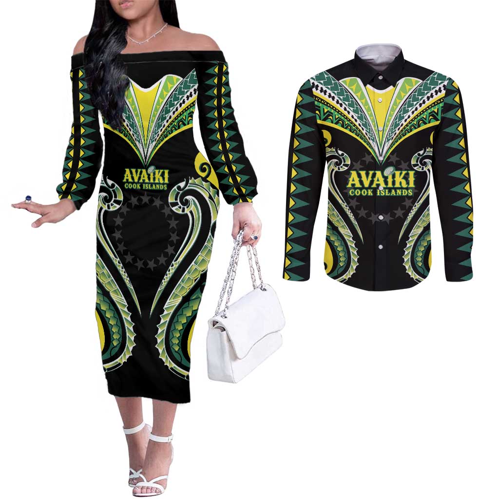 Custom Rugby Cook Islands Avaiki Couples Matching Off The Shoulder Long Sleeve Dress and Long Sleeve Button Shirt Black Kuki Airani Tribal Maori Inspired - Polynesian Pride