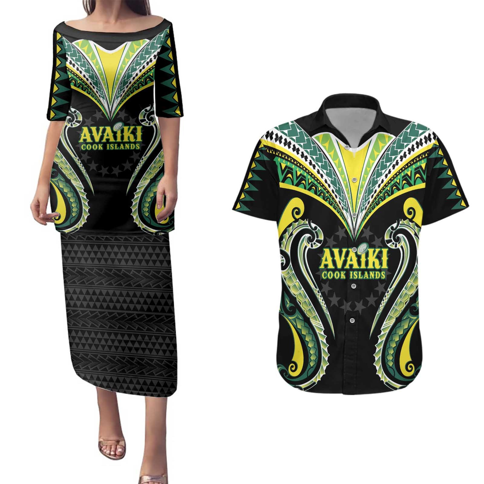 Custom Rugby Cook Islands Avaiki Couples Matching Puletasi and Hawaiian Shirt Black Kuki Airani Tribal Maori Inspired - Polynesian Pride