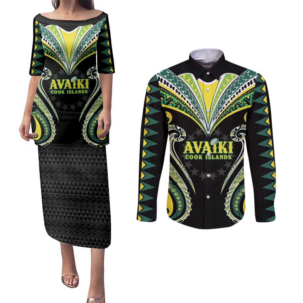 Custom Rugby Cook Islands Avaiki Couples Matching Puletasi and Long Sleeve Button Shirt Black Kuki Airani Tribal Maori Inspired - Polynesian Pride
