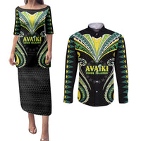 Custom Rugby Cook Islands Avaiki Couples Matching Puletasi and Long Sleeve Button Shirt Black Kuki Airani Tribal Maori Inspired - Polynesian Pride