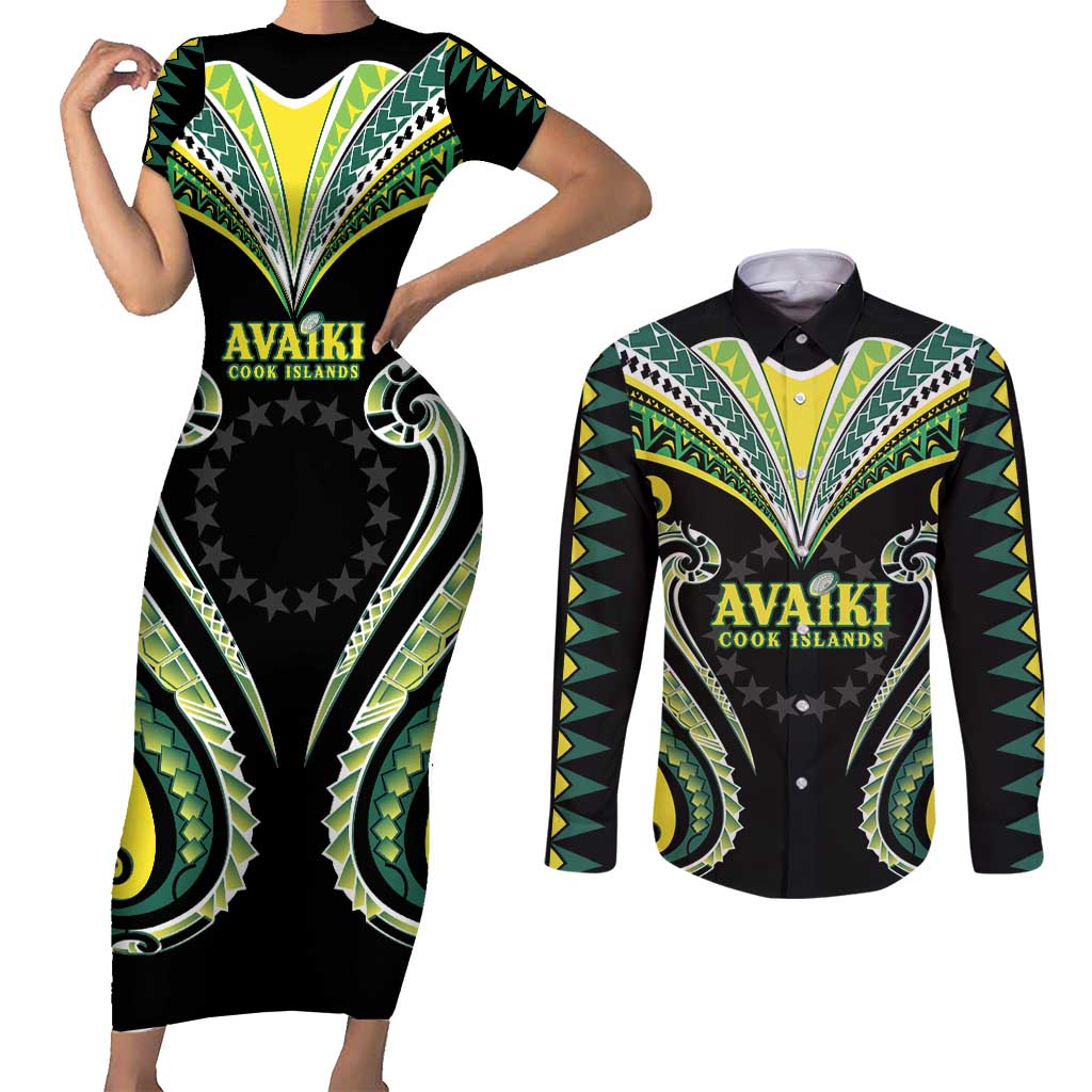 Custom Rugby Cook Islands Avaiki Couples Matching Short Sleeve Bodycon Dress and Long Sleeve Button Shirt Black Kuki Airani Tribal Maori Inspired - Polynesian Pride