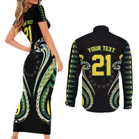Custom Rugby Cook Islands Avaiki Couples Matching Short Sleeve Bodycon Dress and Long Sleeve Button Shirt Black Kuki Airani Tribal Maori Inspired - Polynesian Pride