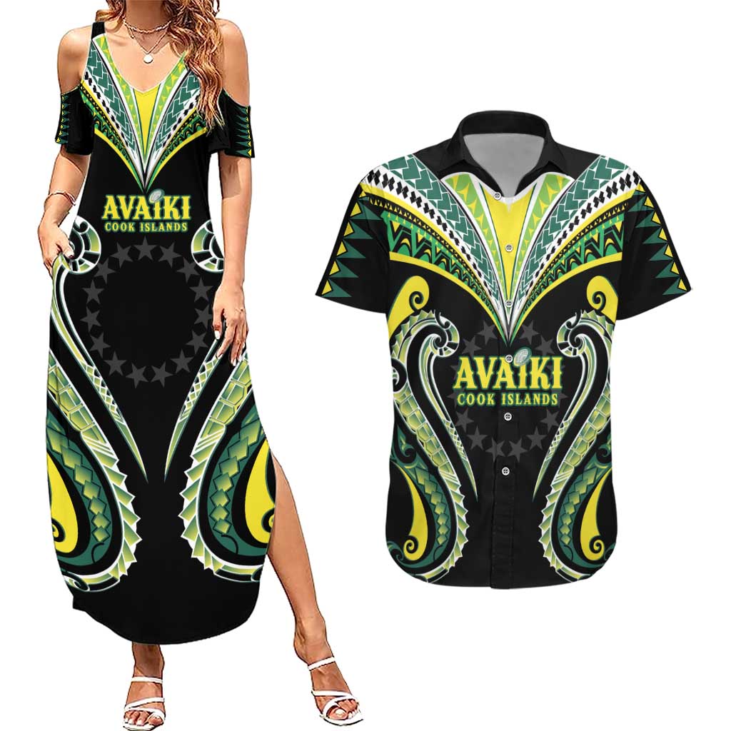 Custom Rugby Cook Islands Avaiki Couples Matching Summer Maxi Dress and Hawaiian Shirt Black Kuki Airani Tribal Maori Inspired - Polynesian Pride