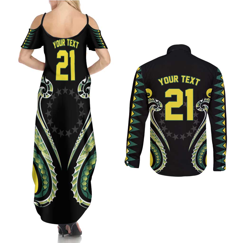 Custom Rugby Cook Islands Avaiki Couples Matching Summer Maxi Dress and Long Sleeve Button Shirt Black Kuki Airani Tribal Maori Inspired - Polynesian Pride