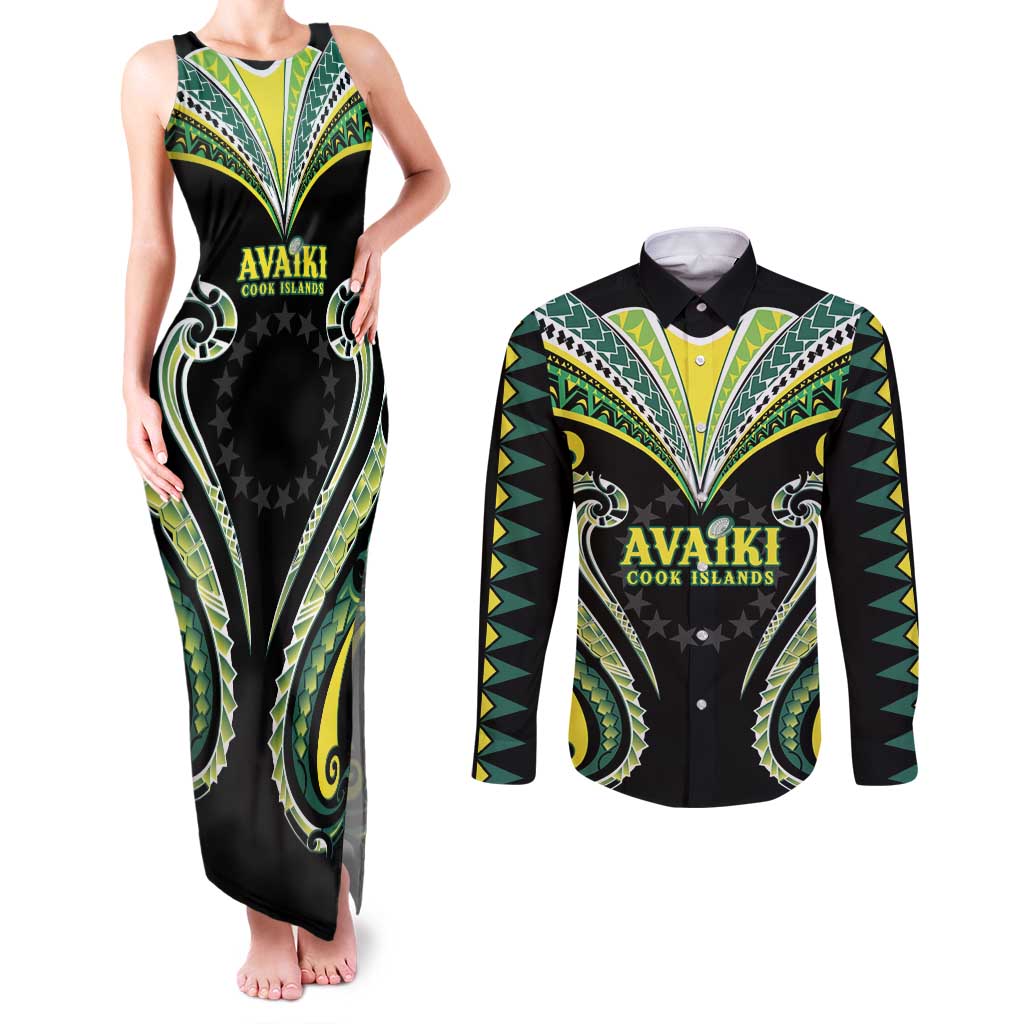 Custom Rugby Cook Islands Avaiki Couples Matching Tank Maxi Dress and Long Sleeve Button Shirt Black Kuki Airani Tribal Maori Inspired - Polynesian Pride