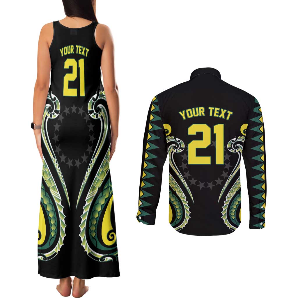 Custom Rugby Cook Islands Avaiki Couples Matching Tank Maxi Dress and Long Sleeve Button Shirt Black Kuki Airani Tribal Maori Inspired - Polynesian Pride