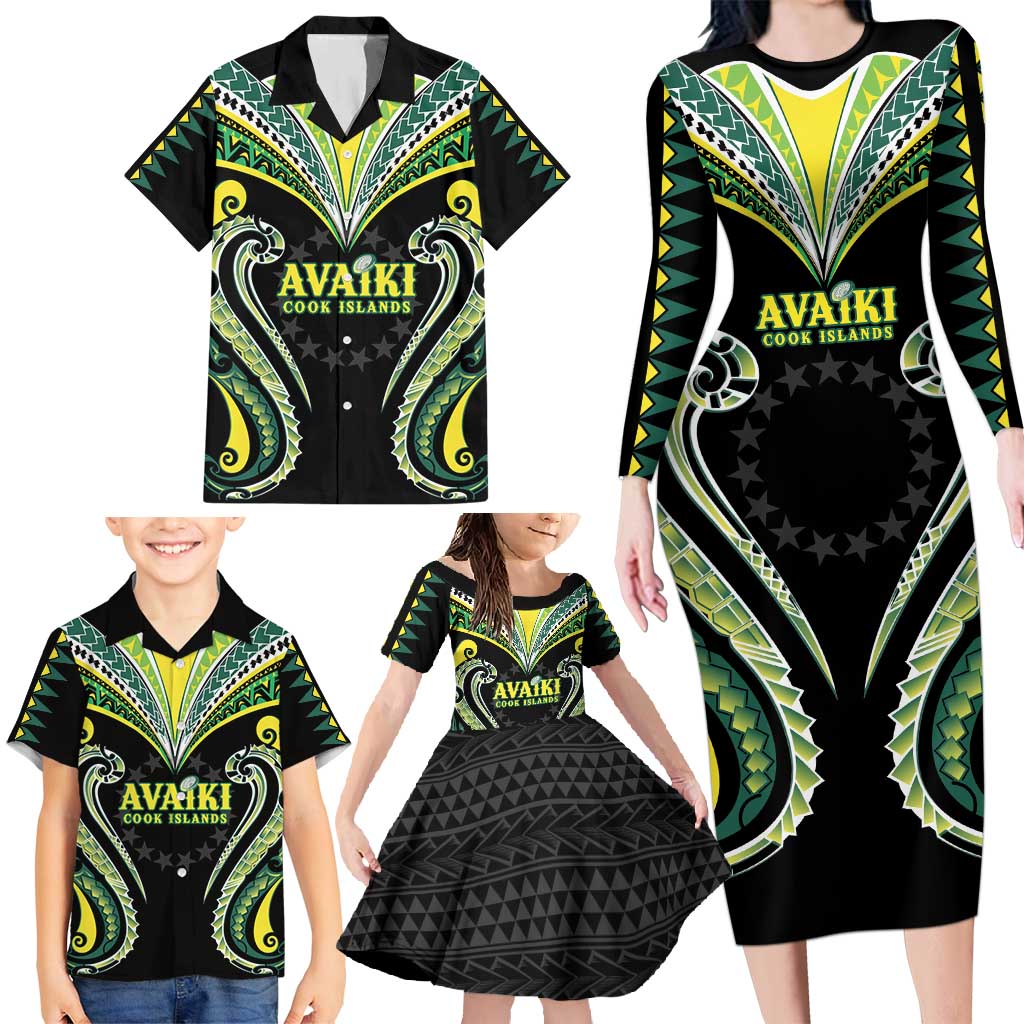 Custom Rugby Cook Islands Avaiki Family Matching Long Sleeve Bodycon Dress and Hawaiian Shirt Black Kuki Airani Tribal Maori Inspired - Polynesian Pride