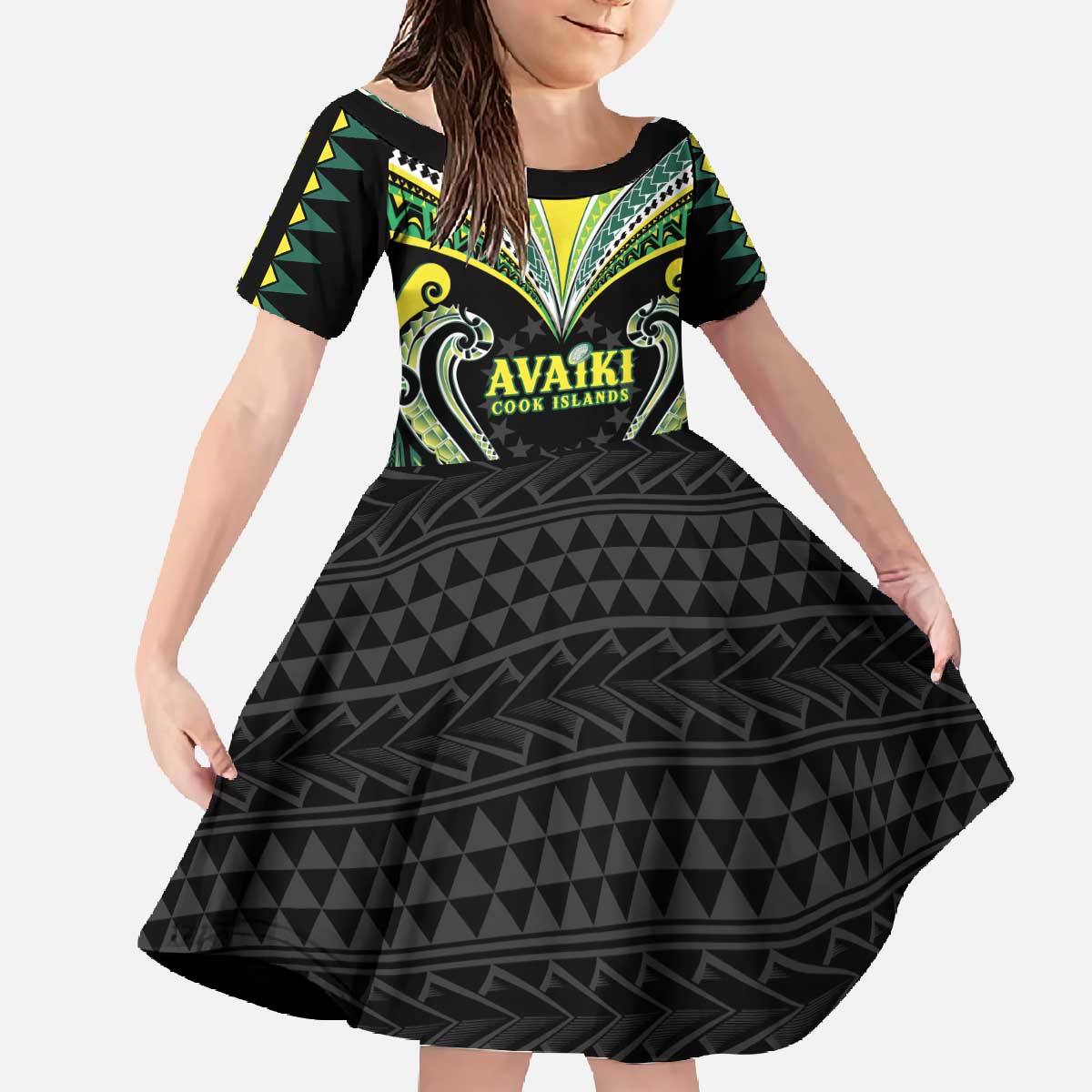 Custom Rugby Cook Islands Avaiki Family Matching Off The Shoulder Long Sleeve Dress and Hawaiian Shirt Black Kuki Airani Tribal Maori Inspired - Polynesian Pride