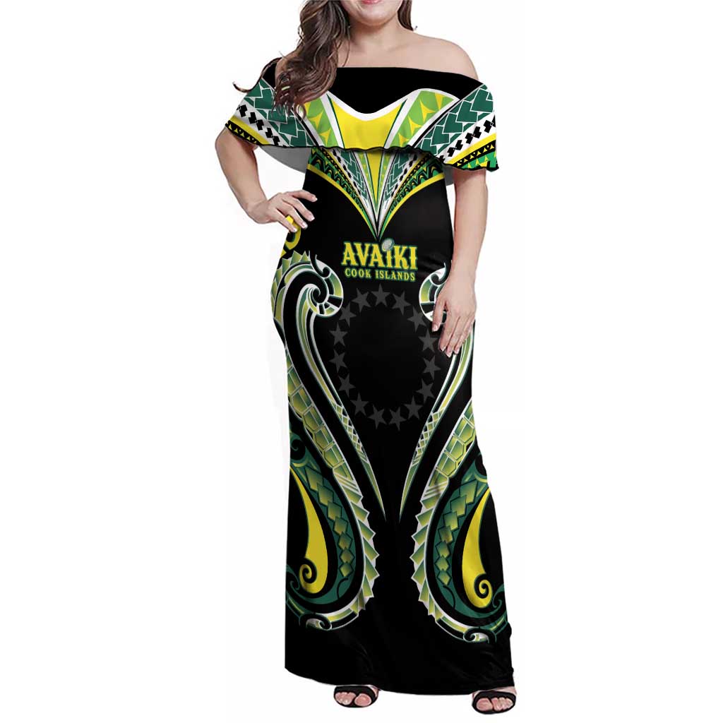 Custom Rugby Cook Islands Avaiki Family Matching Off Shoulder Maxi Dress and Hawaiian Shirt Black Kuki Airani Tribal Maori Inspired - Polynesian Pride