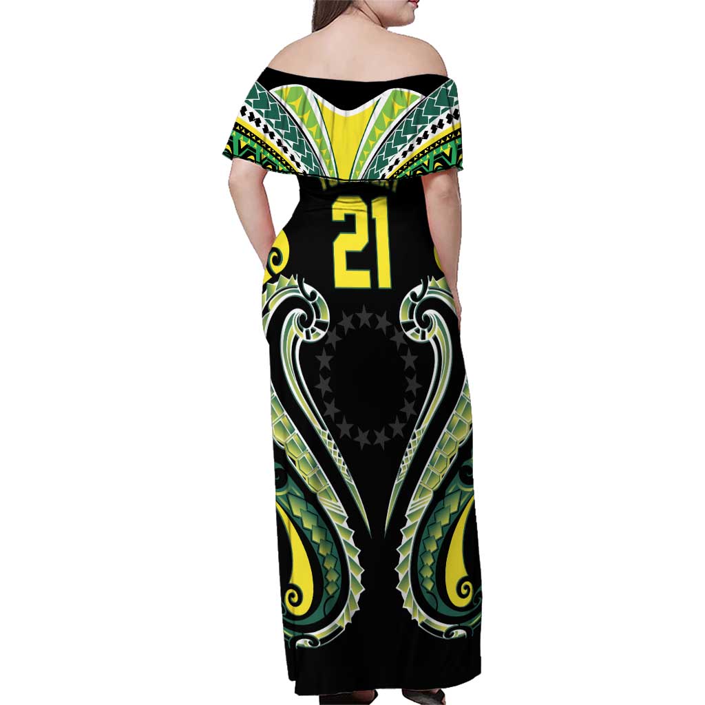 Custom Rugby Cook Islands Avaiki Family Matching Off Shoulder Maxi Dress and Hawaiian Shirt Black Kuki Airani Tribal Maori Inspired - Polynesian Pride