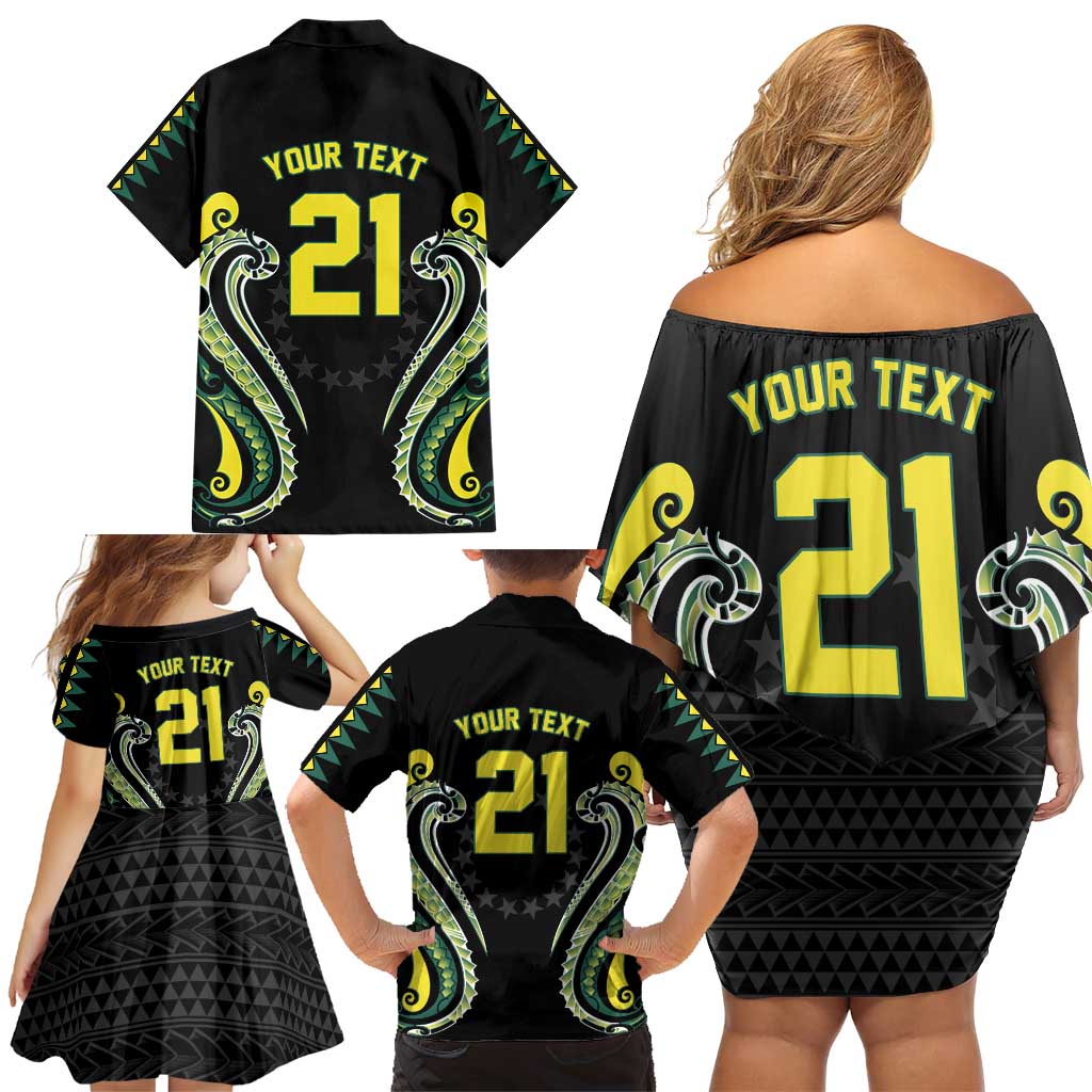 Custom Rugby Cook Islands Avaiki Family Matching Off Shoulder Short Dress and Hawaiian Shirt Black Kuki Airani Tribal Maori Inspired - Polynesian Pride