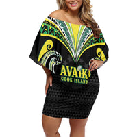 Custom Rugby Cook Islands Avaiki Family Matching Off Shoulder Short Dress and Hawaiian Shirt Black Kuki Airani Tribal Maori Inspired - Polynesian Pride