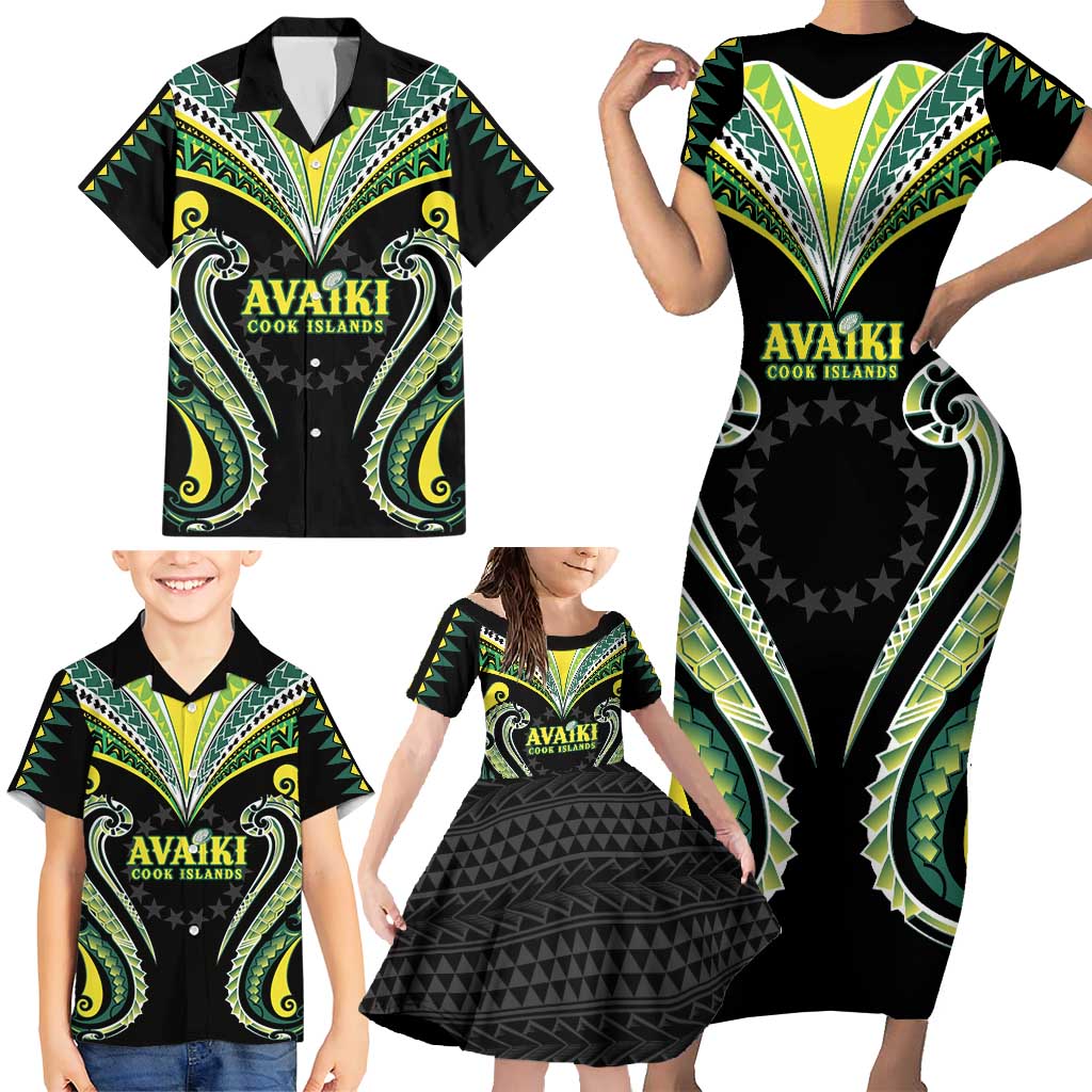 Custom Rugby Cook Islands Avaiki Family Matching Short Sleeve Bodycon Dress and Hawaiian Shirt Black Kuki Airani Tribal Maori Inspired - Polynesian Pride