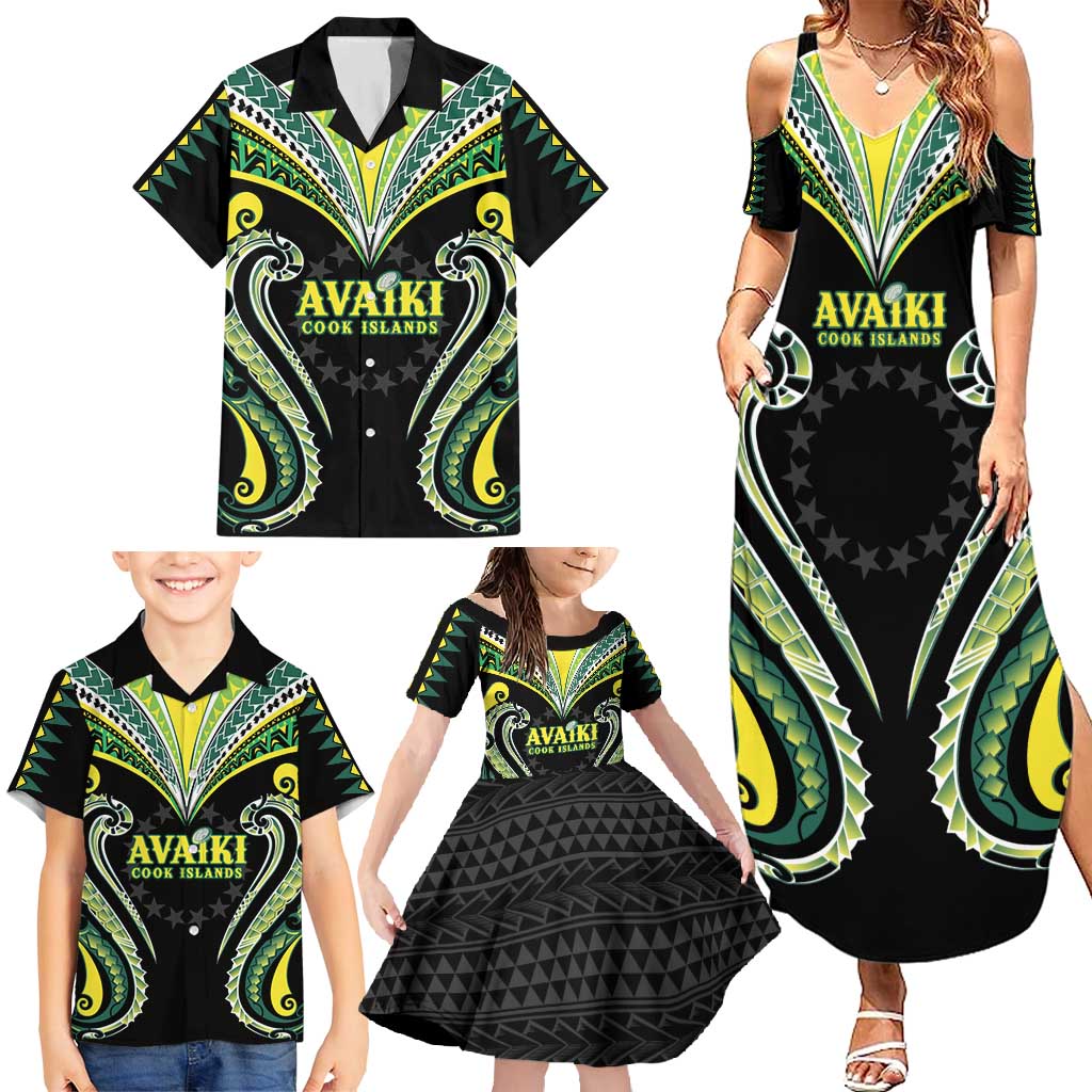 Custom Rugby Cook Islands Avaiki Family Matching Summer Maxi Dress and Hawaiian Shirt Black Kuki Airani Tribal Maori Inspired - Polynesian Pride