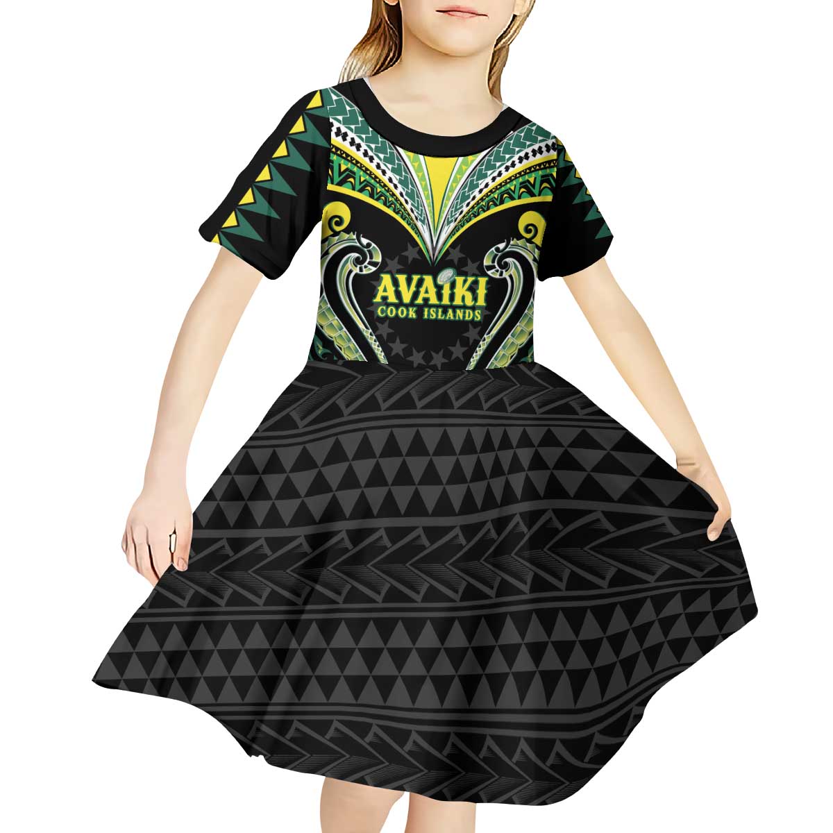 Custom Rugby Cook Islands Avaiki Kid Short Sleeve Dress Black Kuki Airani Tribal Maori Inspired - Polynesian Pride