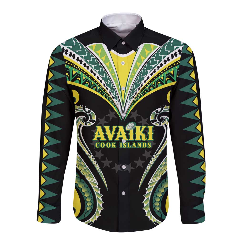 Custom Rugby Cook Islands Avaiki Long Sleeve Button Shirt Black Kuki Airani Tribal Maori Inspired - Polynesian Pride