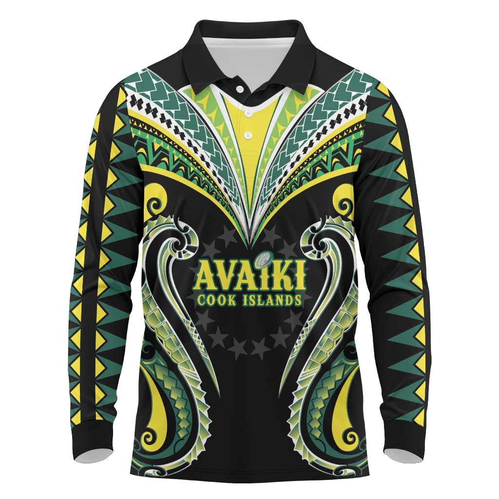 Custom Rugby Cook Islands Avaiki Long Sleeve Polo Shirt Black Kuki Airani Tribal Maori Inspired - Polynesian Pride