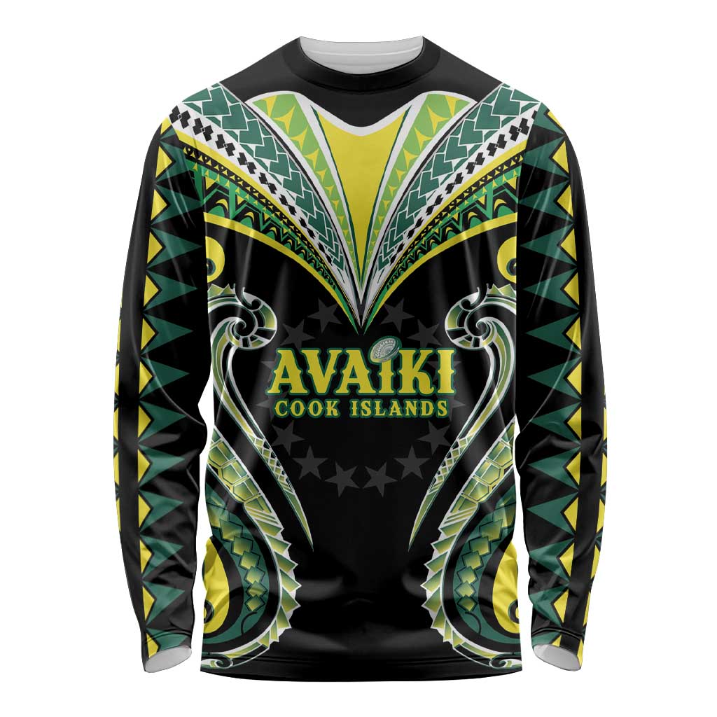 Custom Rugby Cook Islands Avaiki Long Sleeve Shirt Black Kuki Airani Tribal Maori Inspired - Polynesian Pride