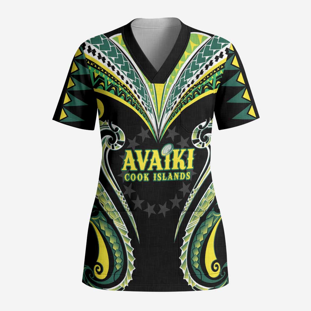 Custom Rugby Cook Islands Avaiki Scrub Top Black Kuki Airani Tribal Maori Inspired - Polynesian Pride