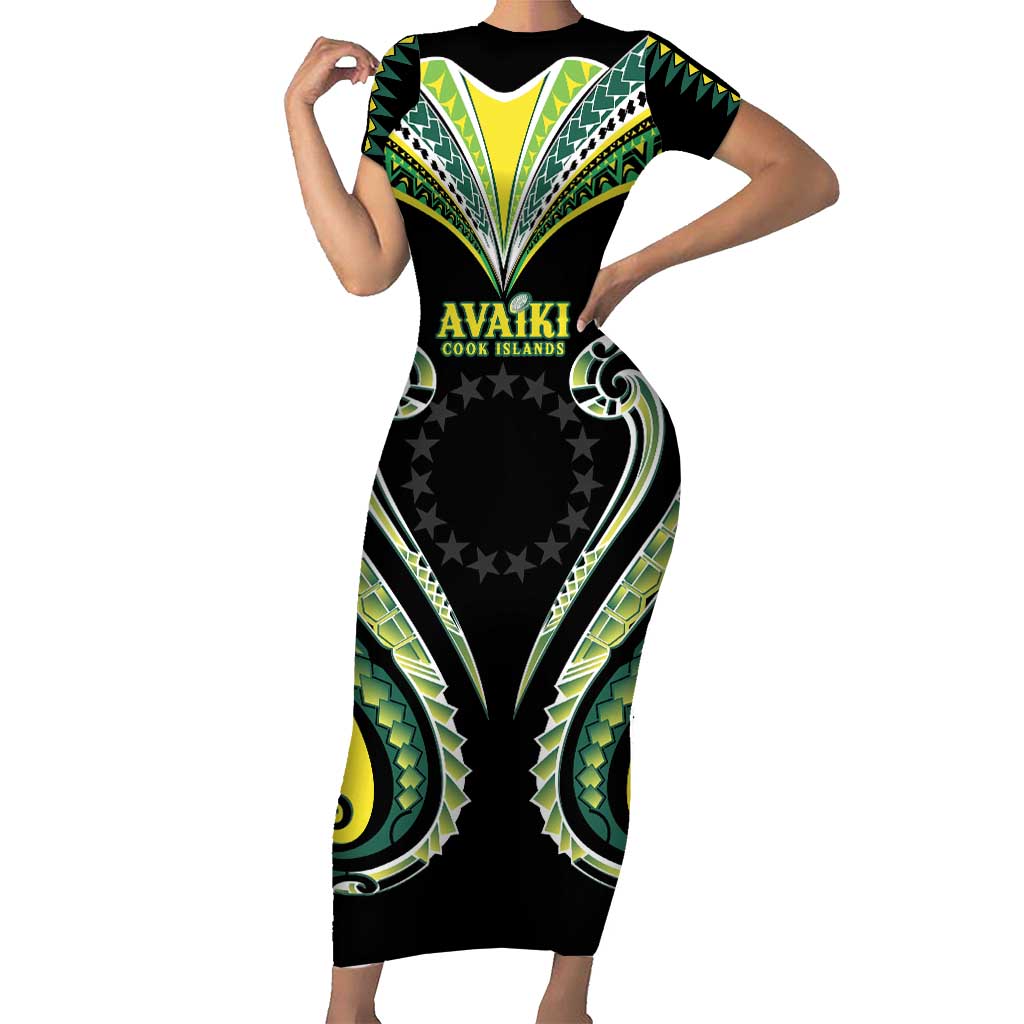 Custom Rugby Cook Islands Avaiki Short Sleeve Bodycon Dress Black Kuki Airani Tribal Maori Inspired - Polynesian Pride