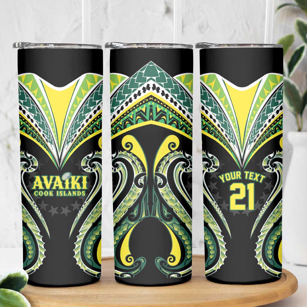 Custom Rugby Cook Islands Avaiki Skinny Tumbler Black Kuki Airani Tribal Maori Inspired - Polynesian Pride