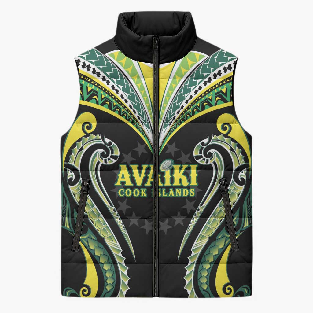 Custom Rugby Cook Islands Avaiki Sleeveless Puffer Jacket Black Kuki Airani Tribal Maori Inspired - Polynesian Pride