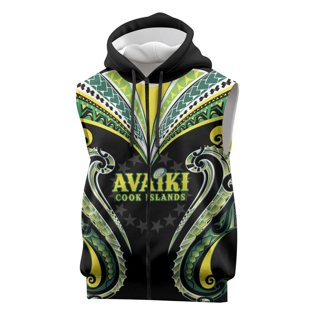 Custom Rugby Cook Islands Avaiki Sleeveless Zip Hoodie Black Kuki Airani Tribal Maori Inspired - Polynesian Pride
