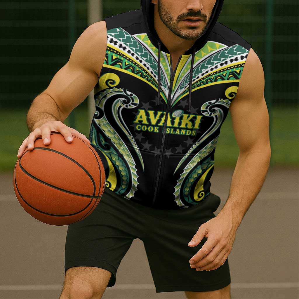 Custom Rugby Cook Islands Avaiki Sleeveless Zip Hoodie Black Kuki Airani Tribal Maori Inspired - Polynesian Pride