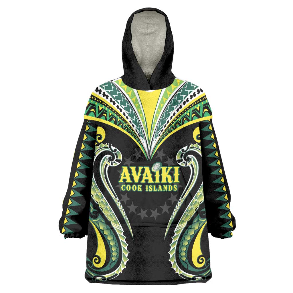 Custom Rugby Cook Islands Avaiki Wearable Blanket Hoodie Black Kuki Airani Tribal Maori Inspired - Polynesian Pride