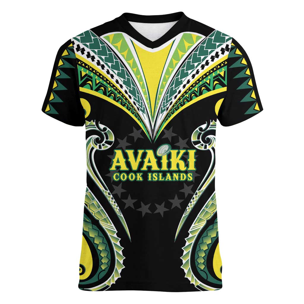 Custom Rugby Cook Islands Avaiki Women V-Neck T-Shirt Black Kuki Airani Tribal Maori Inspired - Polynesian Pride
