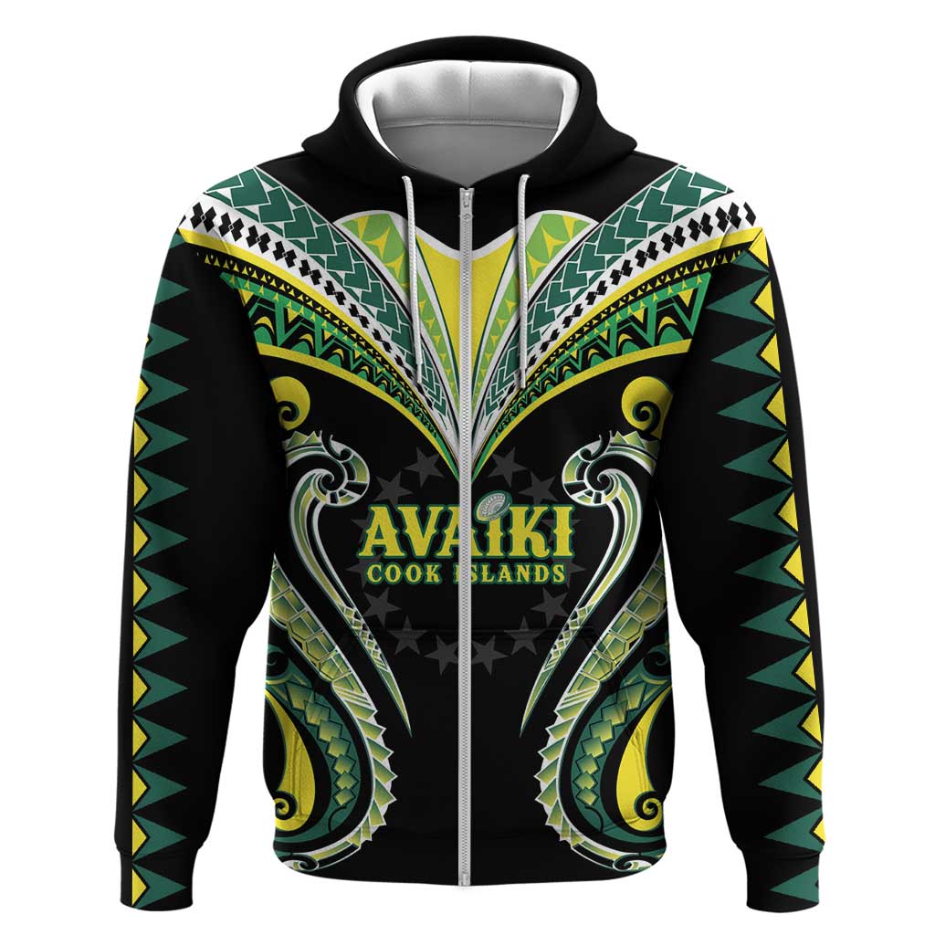 Custom Rugby Cook Islands Avaiki Zip Hoodie Black Kuki Airani Tribal Maori Inspired - Polynesian Pride