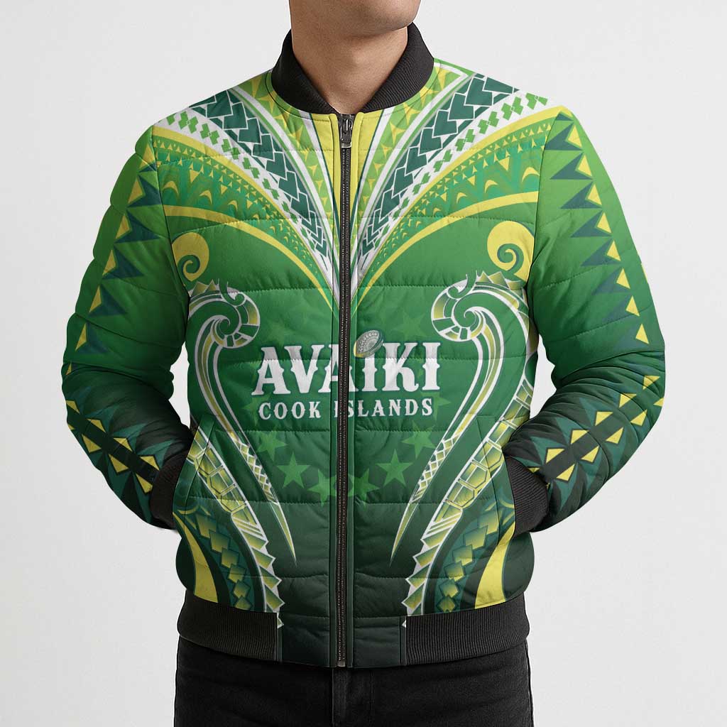 Custom Rugby Cook Islands Avaiki Bomber Puffer Jacket Green Kuki Airani Tribal Maori Inspired - Polynesian Pride
