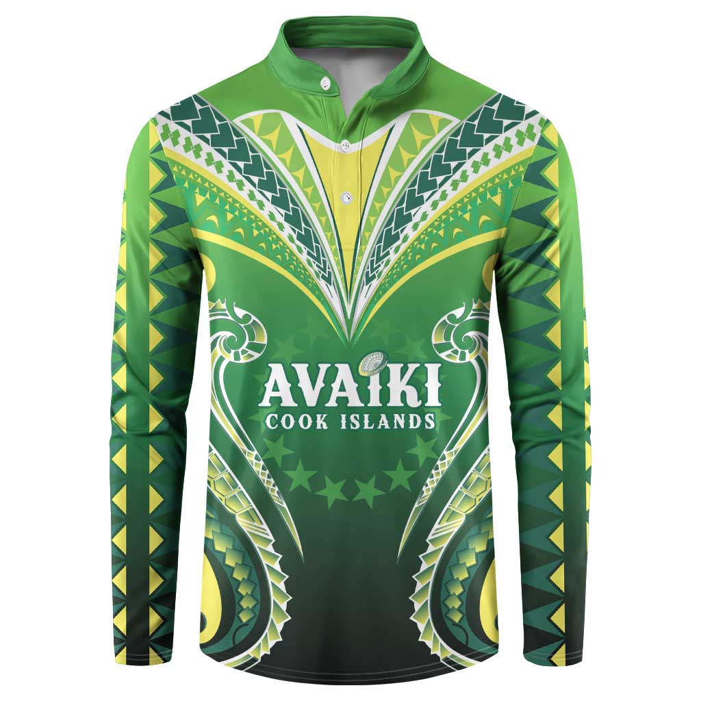 Custom Rugby Cook Islands Avaiki Button Sweatshirt Green Kuki Airani Tribal Maori Inspired - Polynesian Pride